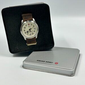 Victorinox Swiss Army Watch Men Silver Tone Brown Leather Canvas Band Works 9.5"